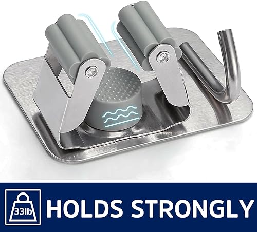 Miniatura 3 de Soporte para escoba de fregona sin taladro, paquete de 2 organizadores de escobas para trapeador con ganchos, agarrador de fregona montado en la