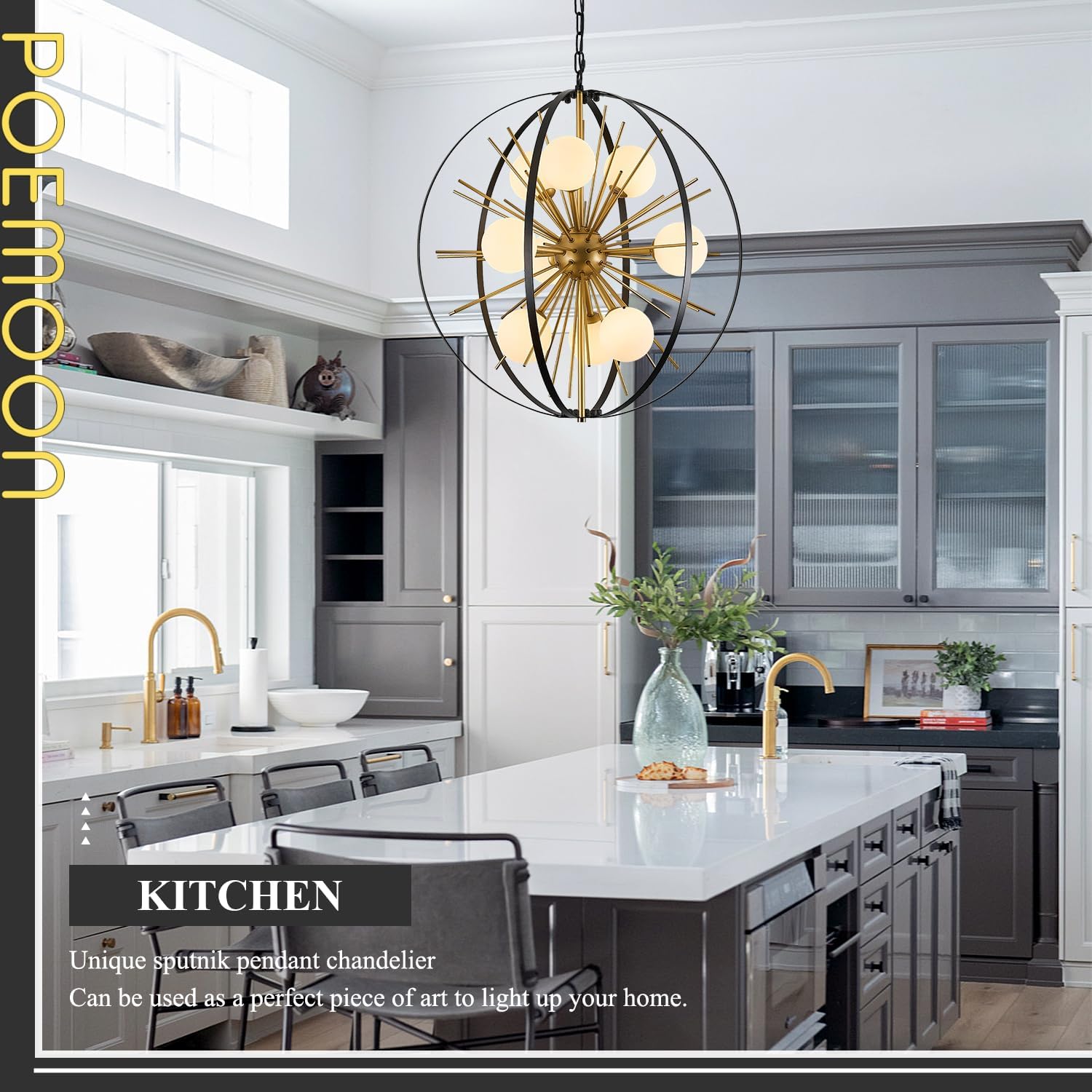 Black Gold Modern Sputnik Chandelier 24" 9-Light Mid Century Hanging Ceiling Firework Globe Pendant Light with Milk Class Lampshades for Dining Living Room Foyer Entryway Kitchen