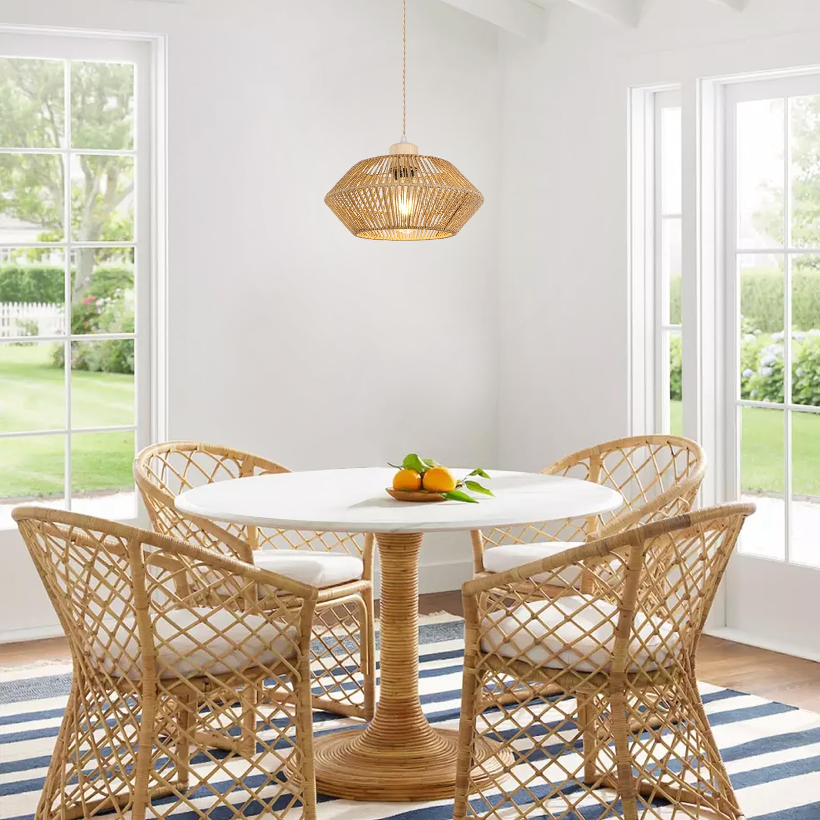 LynPon Boho Pendelleuchte Rattan Korbgeflecht Hängeleuchte Kronleuchter Deckenleuchte Wohnzimmer Schlafzimmer Esszimmer Flur Treppe Küchen Mit Lampenschirm, Ohne E27 Glühbirne
