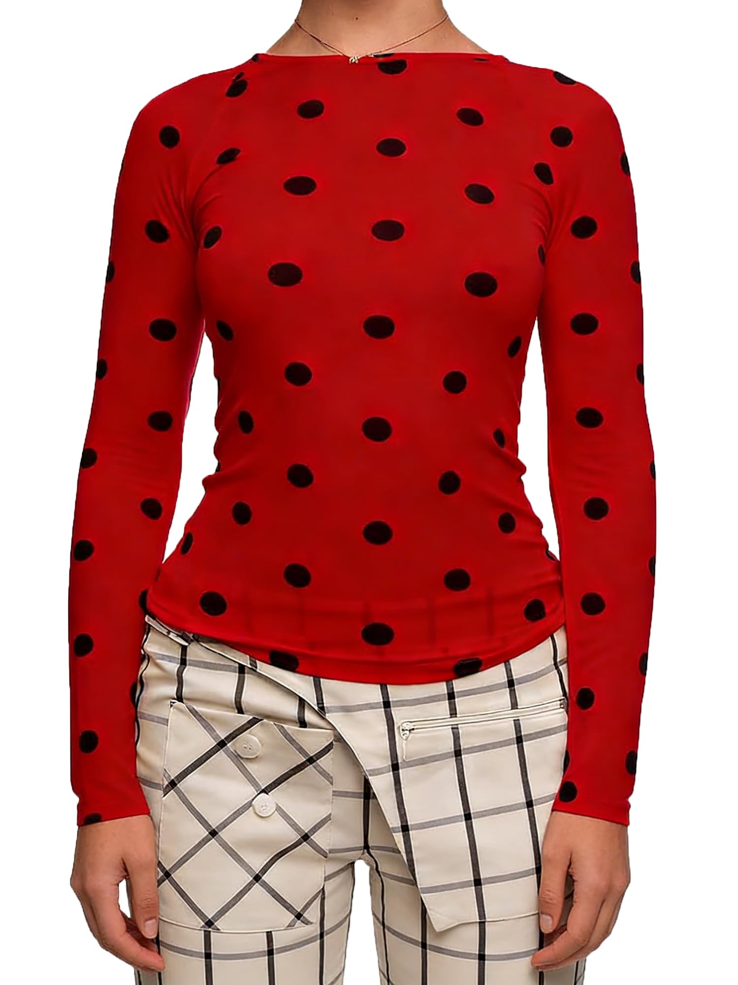 Women's Trendy Polka Dot Top Stretchy Slim Fit Basic Long Sleeve T Shirt Casual Going Out Crop Tops Streetwear (C-Red, XL)