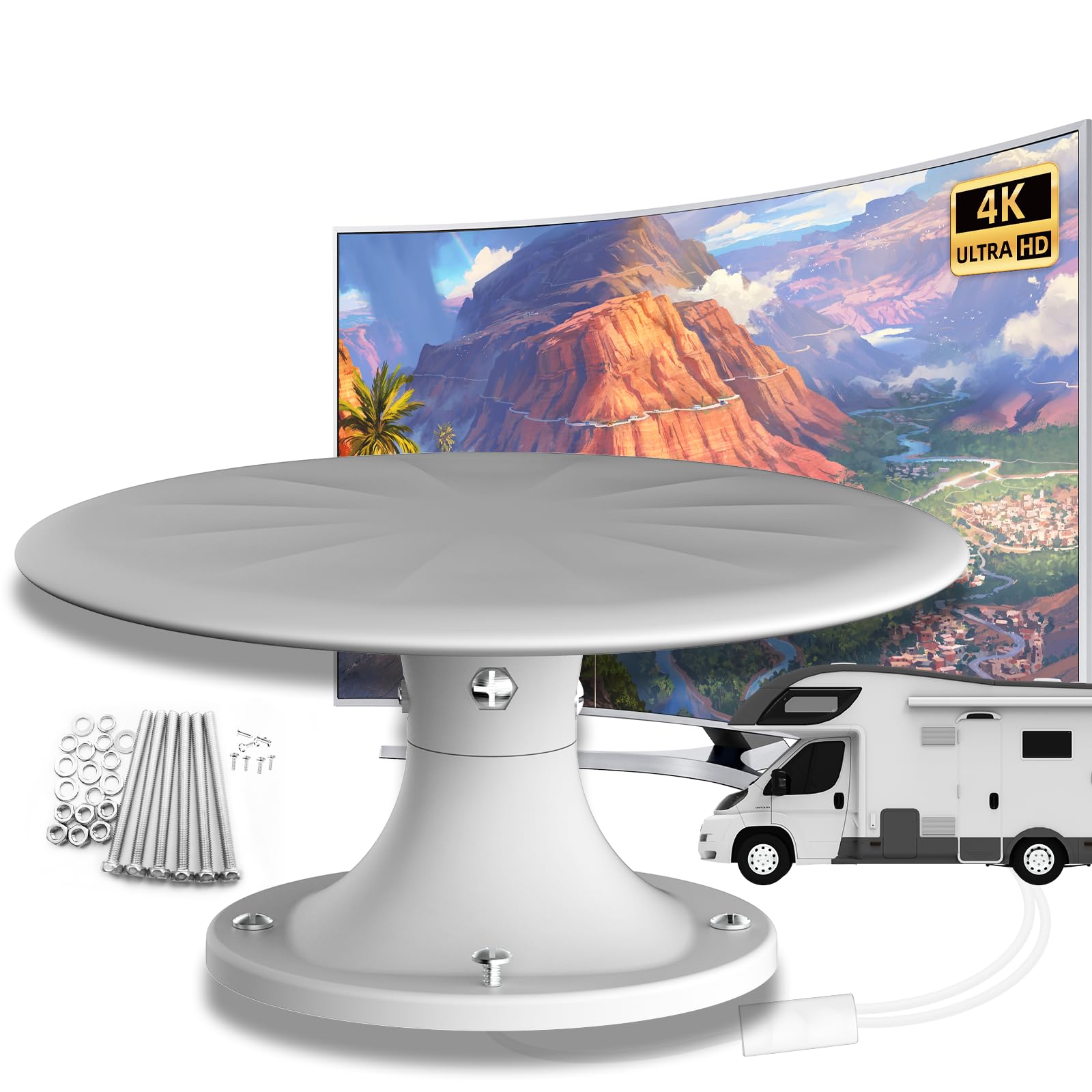 Antena exterior de TV con amplificador para todos los televisores, antena de TV para una recepción estable, soporta 8 K 4K 1080P, antena exterior resistente a la intemperie, cable de 10 m (RVWhite)