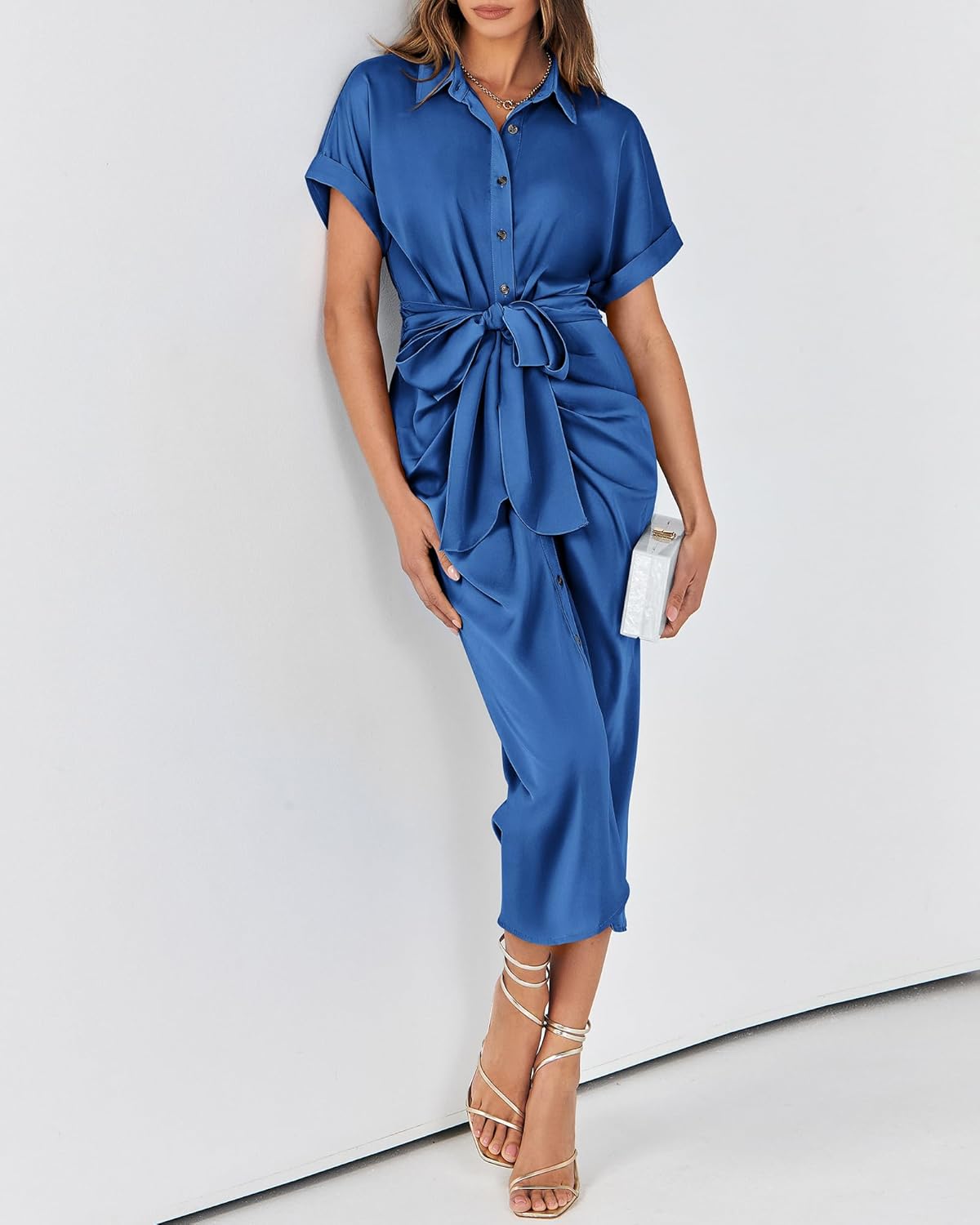 BTFBM Shirt Dresses for Women Spring Button Short Sleeve Silk Satin Ruched Maxi Summer Dress 2026 Cocktail Party Wedding - Image 7