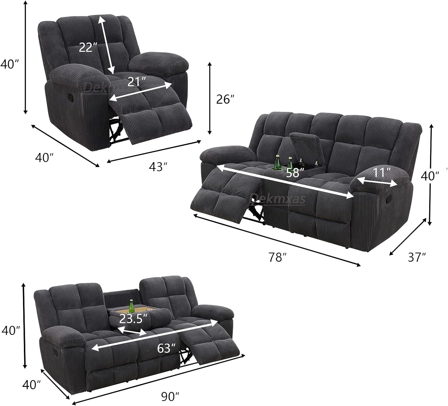 Living Room Furniture Sets, Recliner Sofa Couch, Living Room Sofa Set Grey Corduroy Fabric Manaul Reclining Chair with Recliner Seat for Apartment, Office, Guest Room