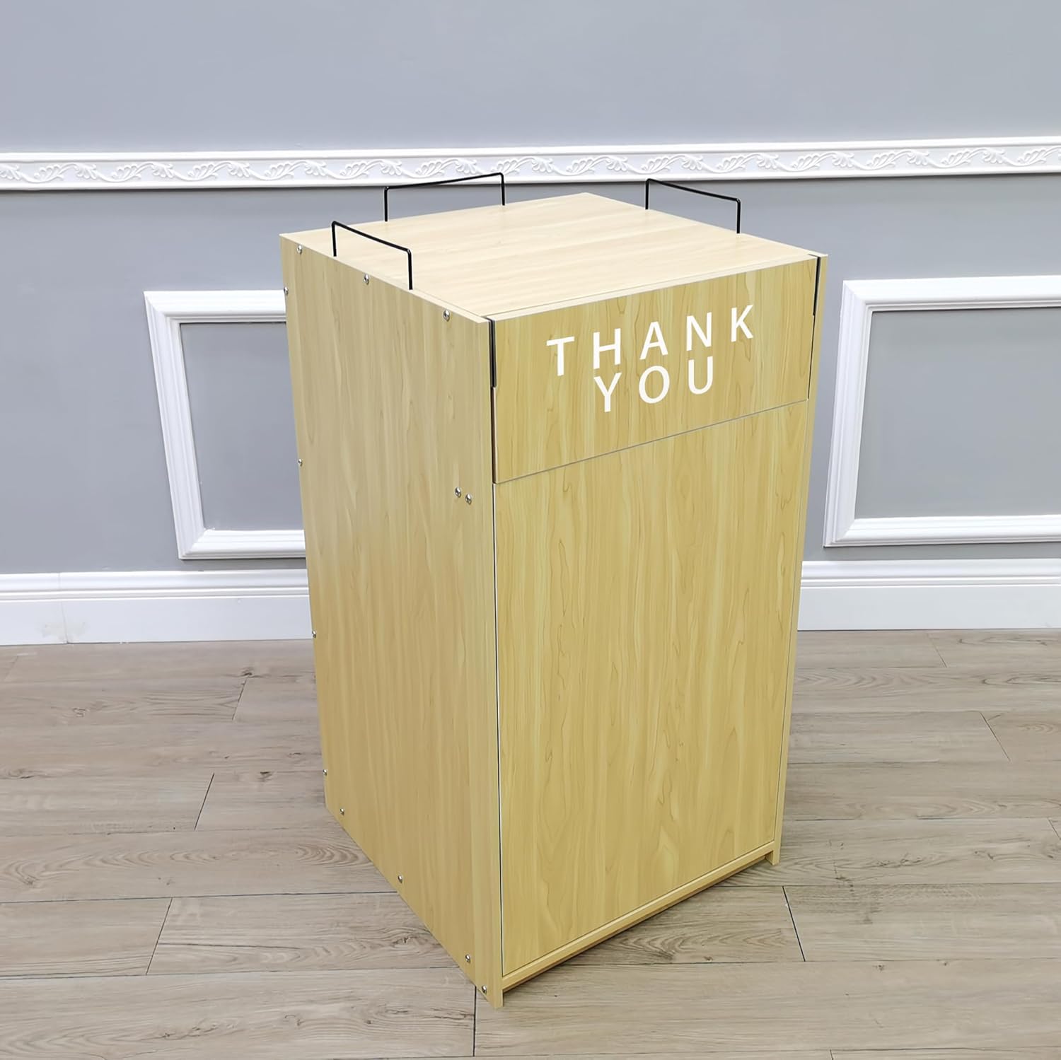 20 X 20 X 39.4" Maple Restaurant Fast Food Trash Bin Receptacle Enclosure with Hinged Door, Wire Tray Top Holders, Holds Trash Bins Up 26 Gallons, Easy Assembly Video in Description 119231-NEW