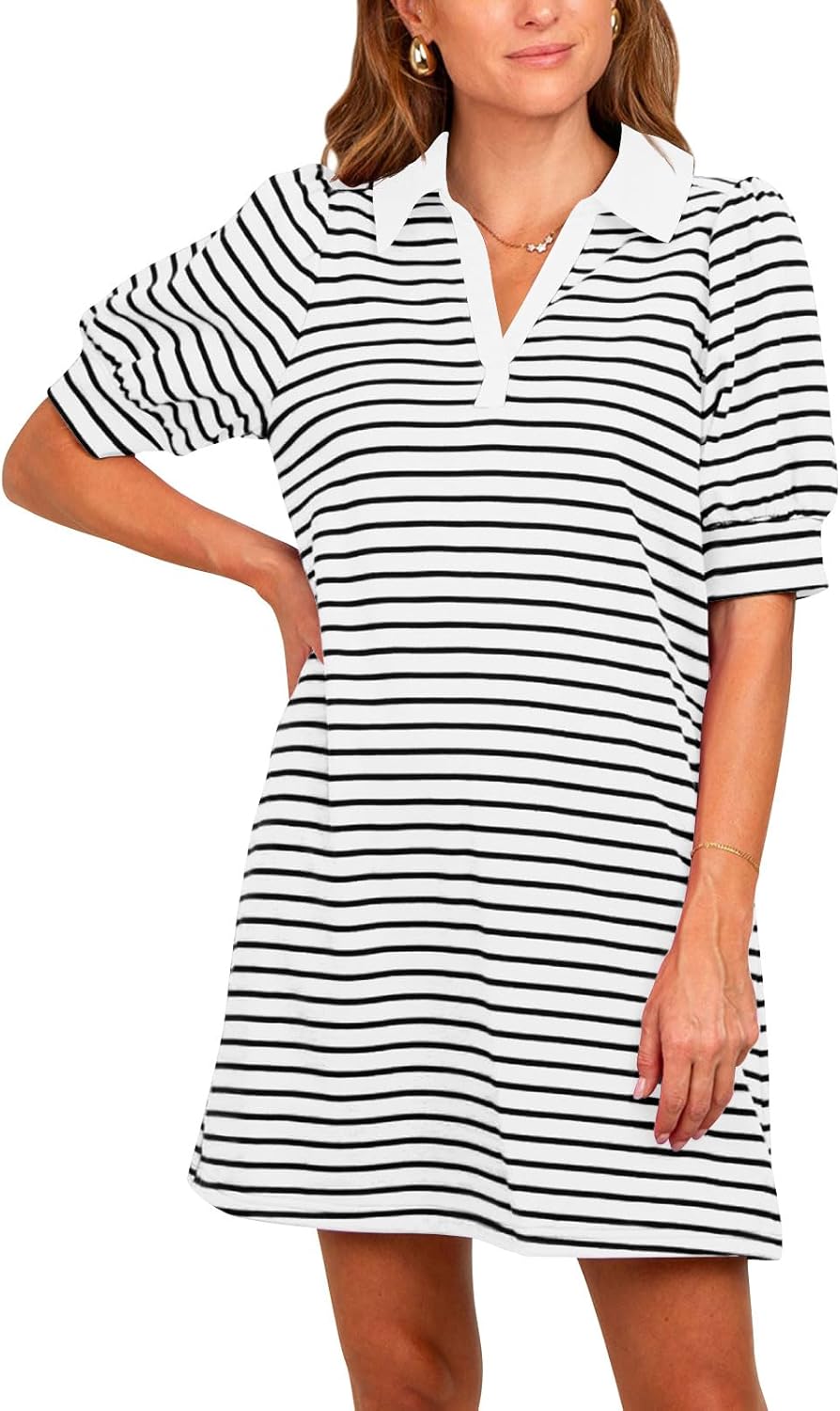 Yousify Women's Summer Lapel Collared V Neck Striped Dress Casual Puff Short Sleeve Polo Tshirt Dresses with Pockets - Image 2