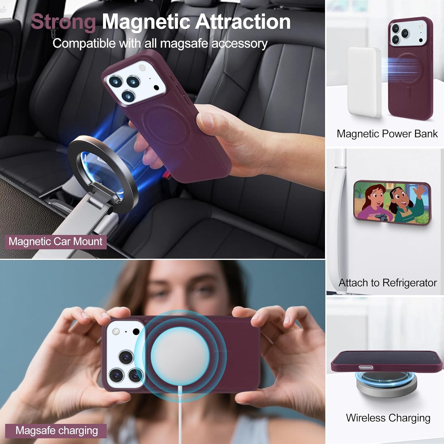 Harryshell 2 in 1 for iPhone 17 Pro Max Wallet Case Magnetic Compatible with Magsafe RFID Blocking Card Holder Detachable Phone Cover Zipper Purse Kickstand Wrist Strap for Men Women Quilted Burgundy - Image 4