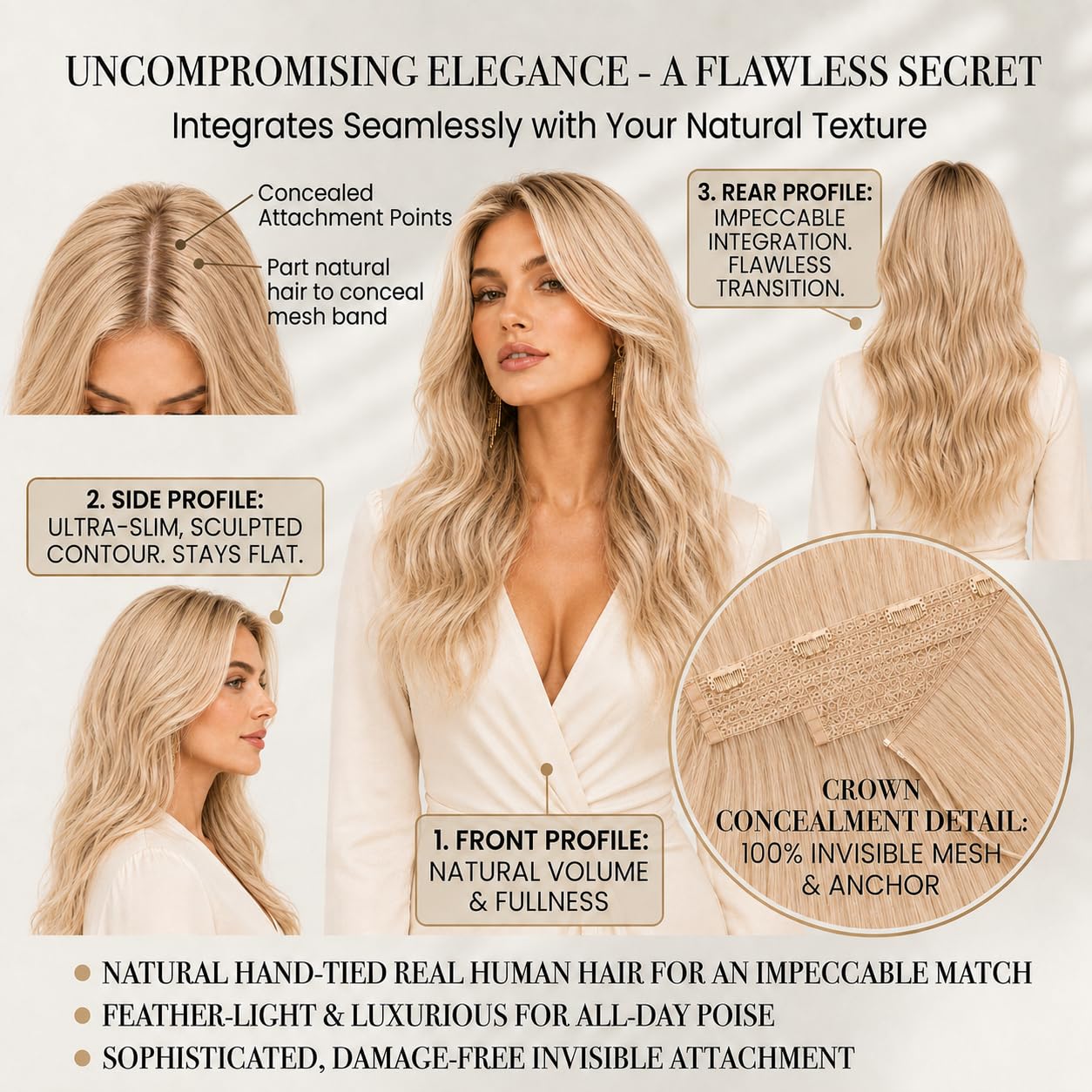 Amoy 18" Halo Hair Extensions Real Human Hair, 100g Seamless Invisible Wire Hair Extensions for Fine Hair, Secret Miracle Fish Line (Platinum Beige Blonde with Soft Golden Balayage) image 3