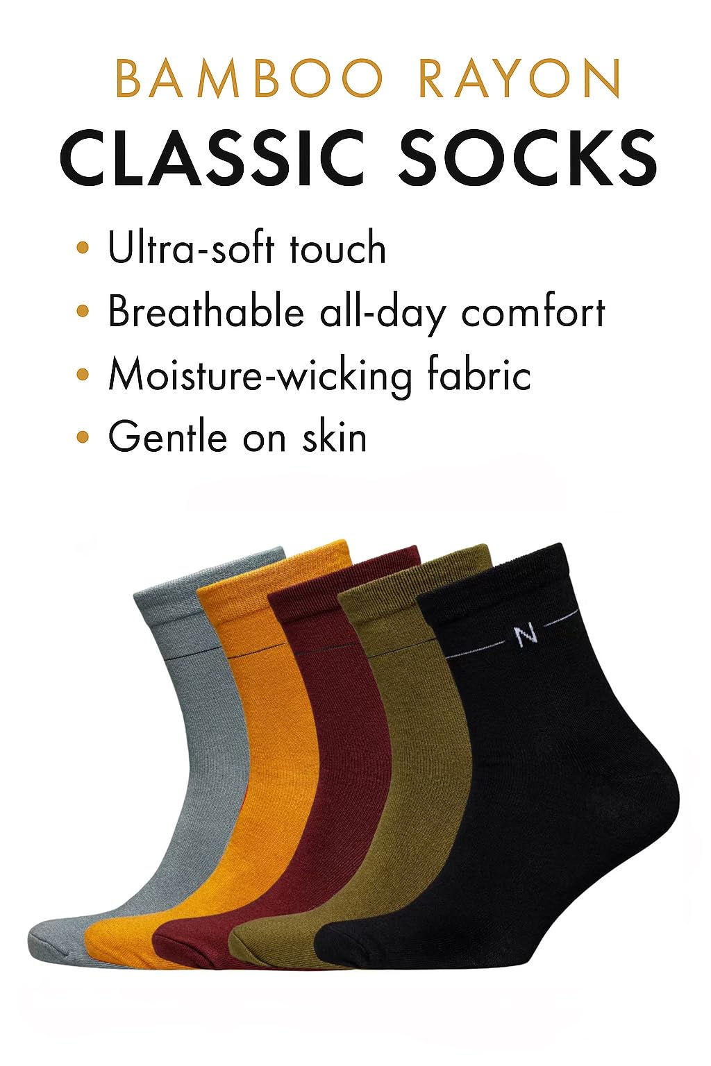 NUDUS UNDERWEAR Calcetines clásicos de rayón de bambú, caja de regalo, 5 pares, muy suaves, delgados y transpirables