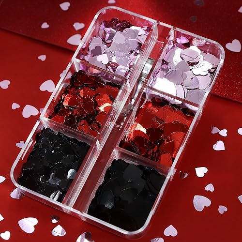 Miniatura 3 de Arte de uñas con purpurina y lentejuelas de corazón de San Valentín, calcomanías de arte de uñas láser, negro, rojo, corazón, copos de purpurina