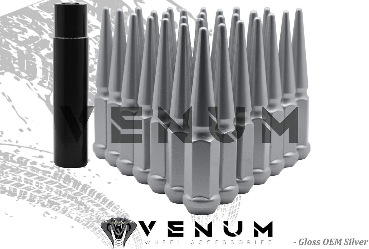Venum wheel accessories 32 Pc Powder Coated OEM Silver Spike Lug Nuts | M14x1.5 | 4.5 inch Tall | 1 Piece Construction | for 2012-2020 RAM 2500 3500 Dually Heavy Duty 8x6.5 8 Lug