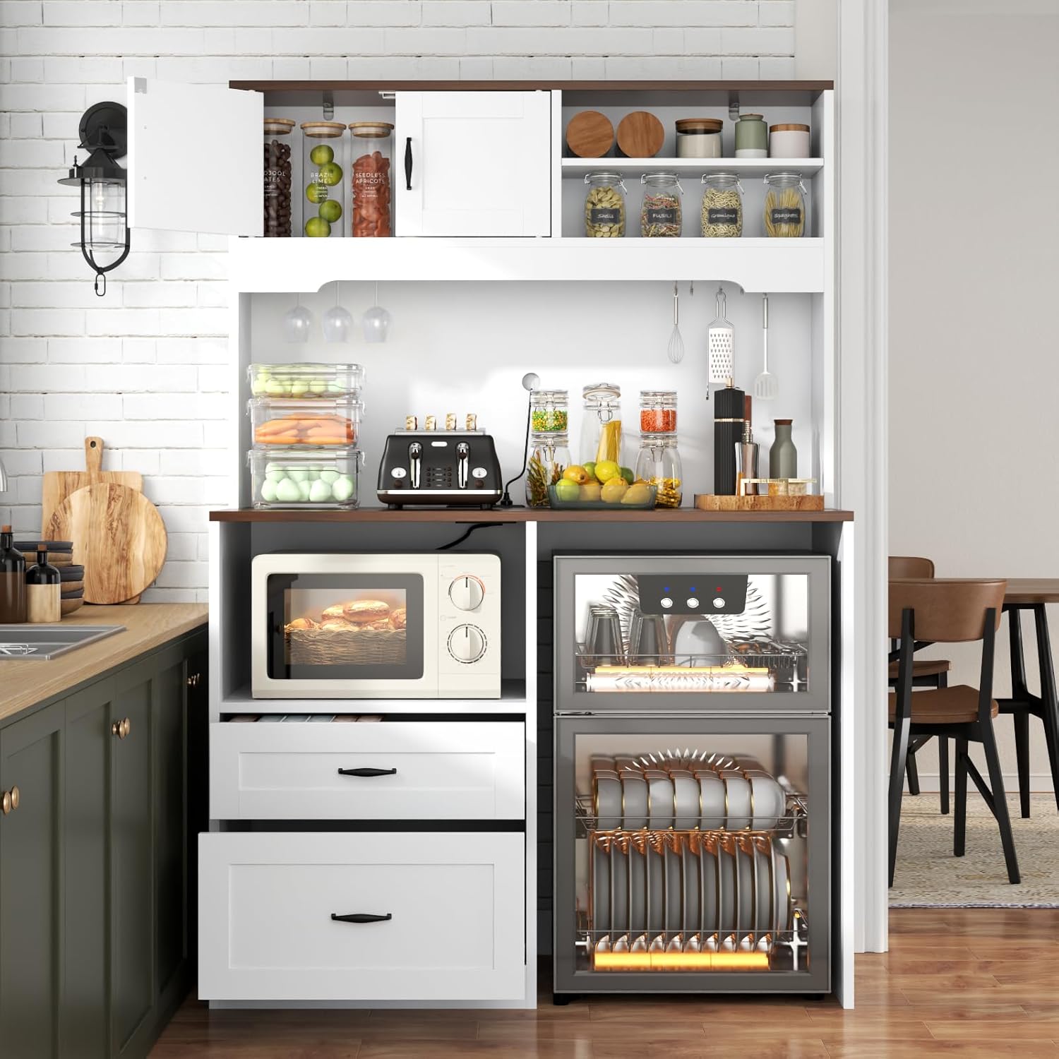 72" Tall Storage Cabinet with Fridge Space,Fridge Cabinet with Charging Station,Large Kitchen Pantry Cabinet with Wine Glass Holder and Drawers,Kitchen Hutch with Microwave Stand (White)