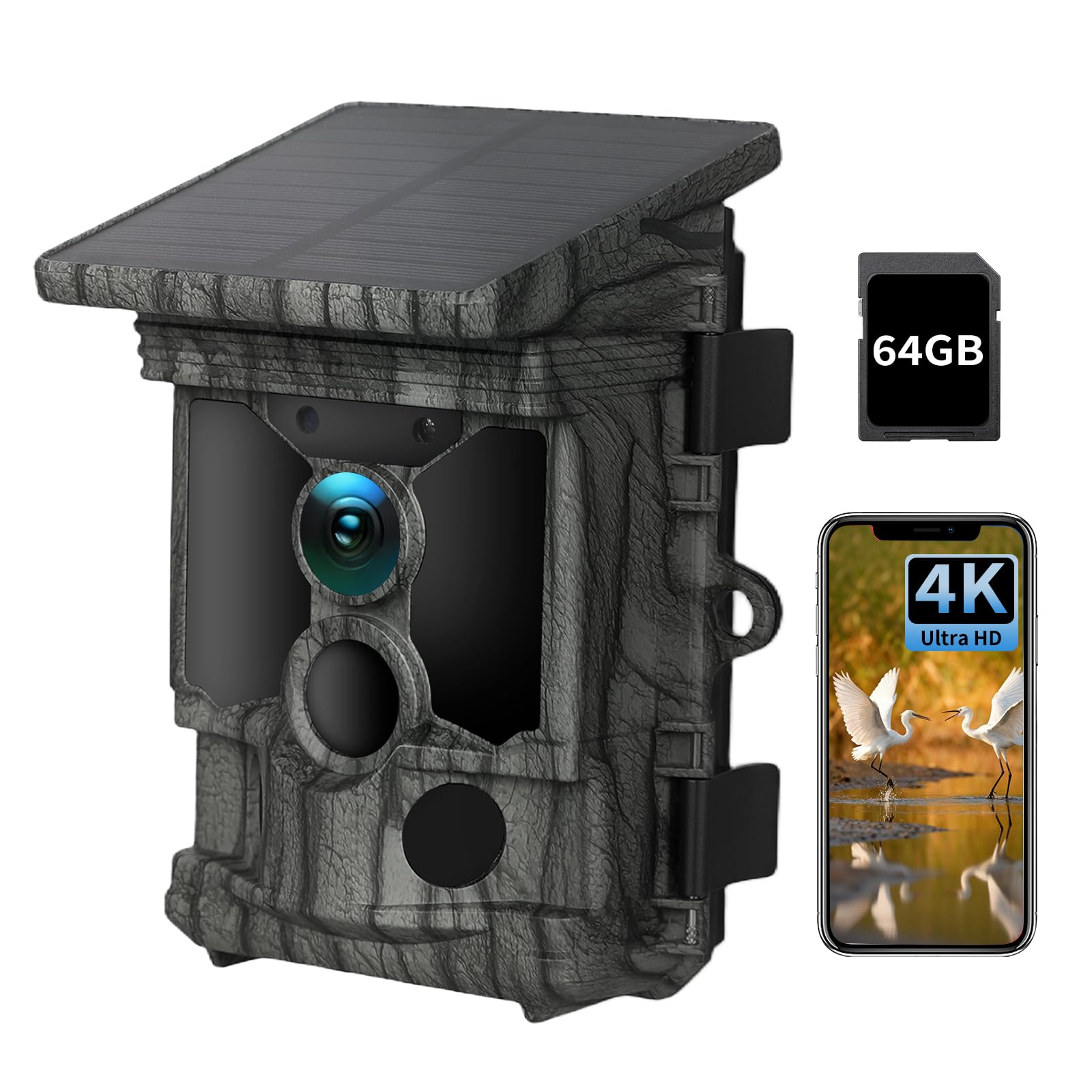 Wildlife Camera WiFi Bluetooth, 4K 112MP Solar Trail Camera Night Vision Motion Activated IP66 Waterproof, 64GB Micro SD Card, 0.2s Trigger Garden Camera with Built-In 5200mAh Rechargeable Battery