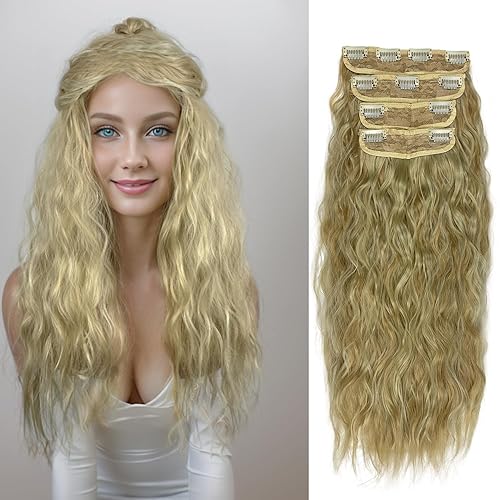 MIMISERVICE Extensiones de cabello con pinzas, extensiones de cabello largo ondulado castaño castaño castaño 4 piezas gruesas, fibra de doble trama