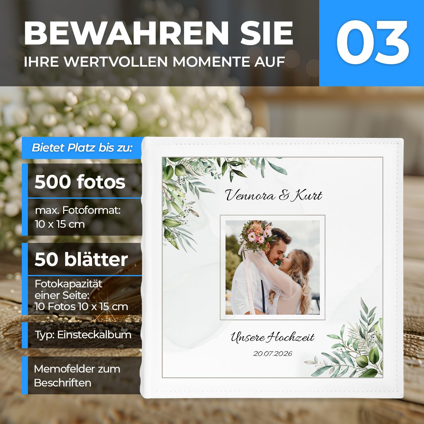 Maverton Einsteckalbum mit Aufdruck für 500 Fotos - Fotoalbum zum Einstecken 10x15 cm - 33x33cm - Weiß - personalisierte Geschenke zur Hochzeit - Hochzeitsgeschenk für Brautpaar