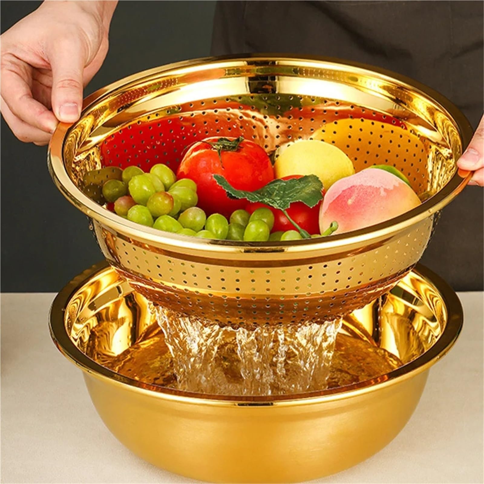 Colador De Arroz De Acero Inoxidable 1 Juego de colador dorado acero inoxidable con cuenco escurridor, malla fina, lavabo for lavar arroz, coladores cocina(16.00X16.00X5.50CM)