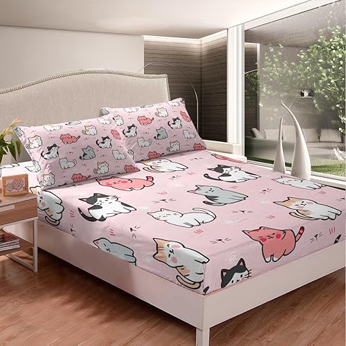 Miniatura 4 de Erosebridal - Juego de ropa de cama con impresión de gatos de dibujos animados - Sábanas lindas con estampado de gatitos para niños, tamaño