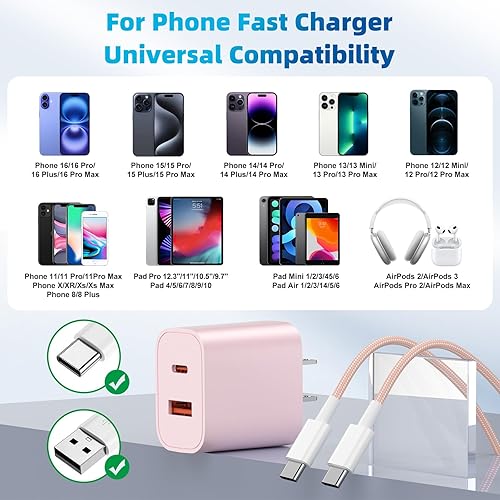 Vista 5 de Cargador de carga rápida para iPhone 17, 16, 15, paquete de 4 unidades de doble puerto de 20 W USB C con cable USB-C a C de 6 pies, bloque