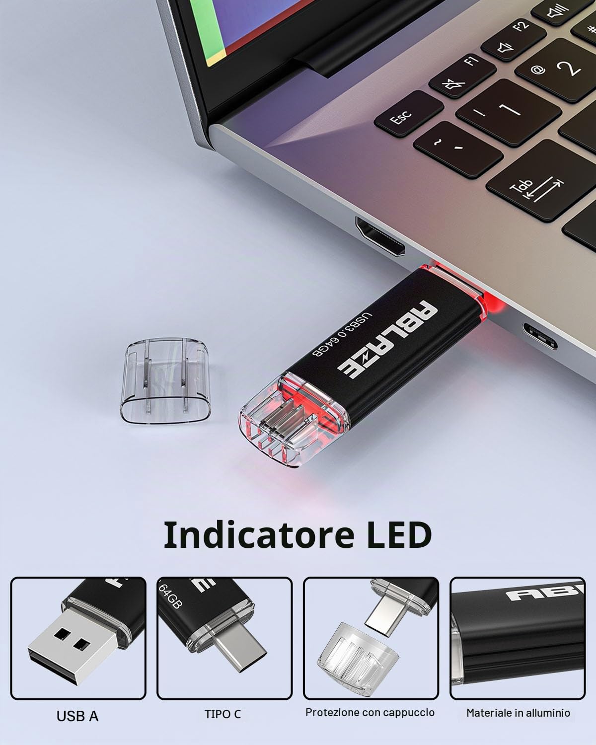ABLAZE Chiavetta USB C da 16GB, confezione da 10 pezzi, doppia chiavetta USB 2.0, USB Type-C ad alta velocità, chiavetta di memoria thumb drive per archiviazione dati per smartphone USB C, tablet, Mac