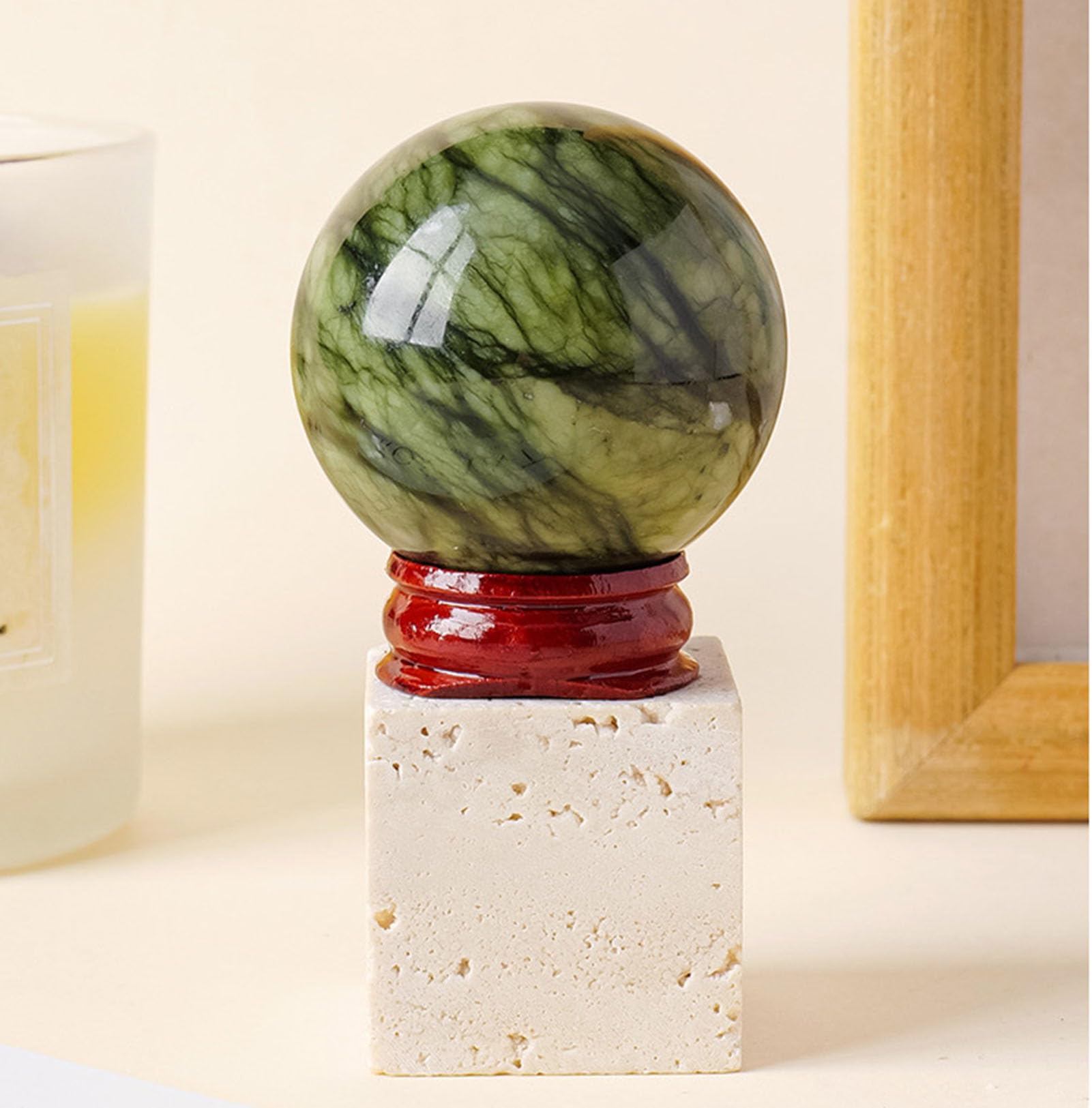 Sfera cristallo per meditazione pietra con sfera giada naturale Xiuyan | Collezione campioni sfere rotonde per decorazioni collezioni home office, sfera di cristallo naturale con base in legno