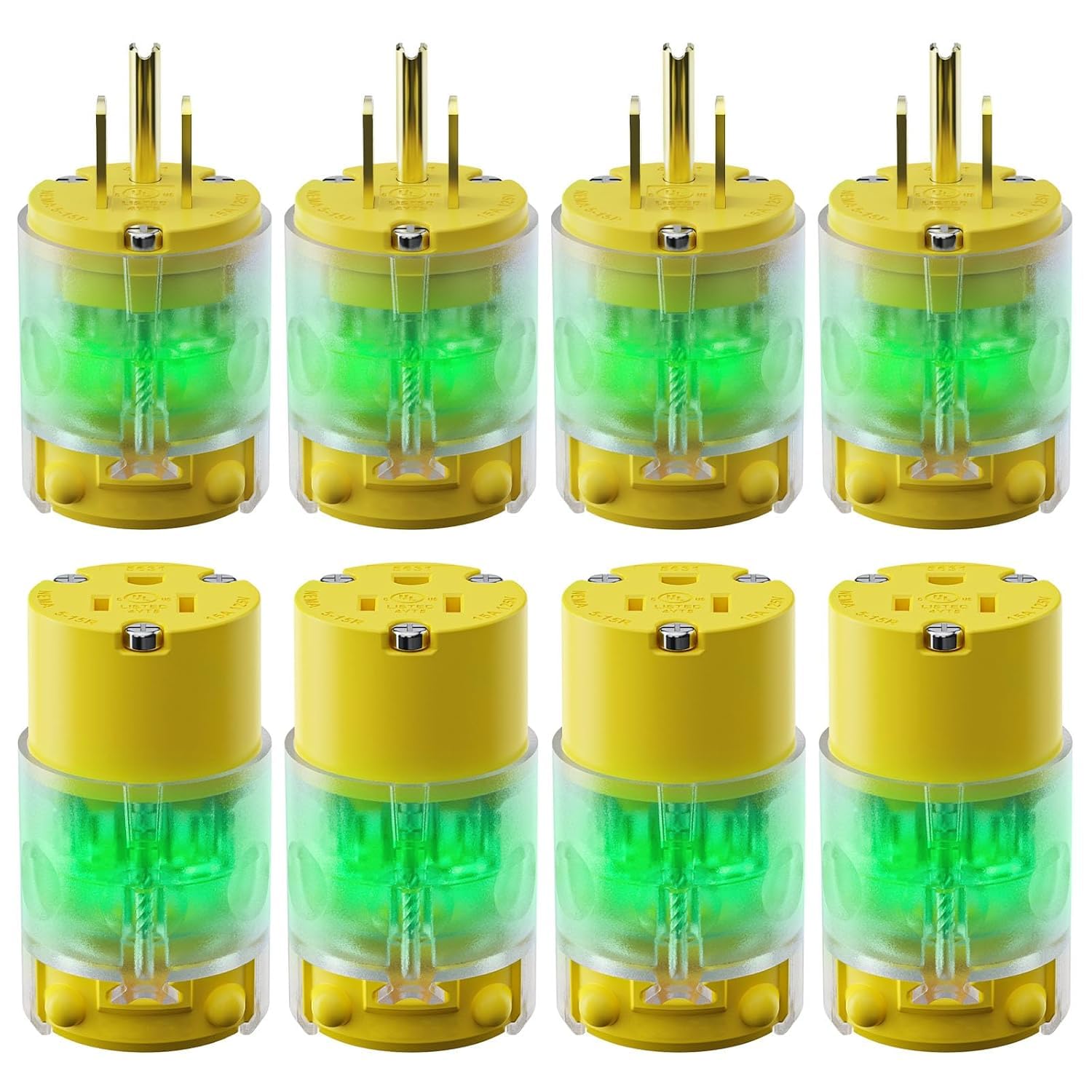 4 Set 15 A 125V Lighted Extension Cord Replacement Ends,15 amp Plug Straight Blade Electric Plugs Replacement, Male & Female NEMA 5-15P/R,2 Pole 3 Wire Plug Replacement Grounding,UL Listed