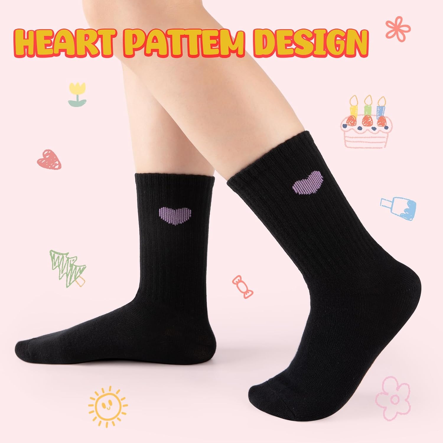 Comfoex Girls Cute Ankle Socks Cotton Crew Fun Heart Athletic Socks for Little Big Kids 4-7 7-10 Years Old 5 Pairs