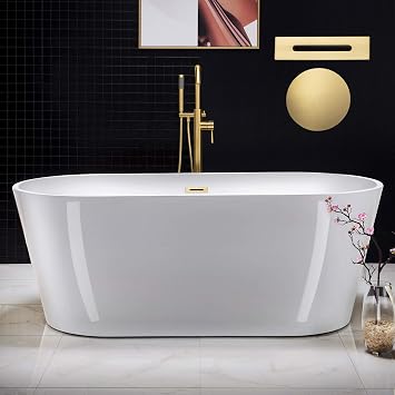 WOODBRIDGE 67" Acrylic Freestanding Bathtub Contemporary Soaking White Tub with Brushed Gold Overflow and Drain,B0013 -BG-Drain &O