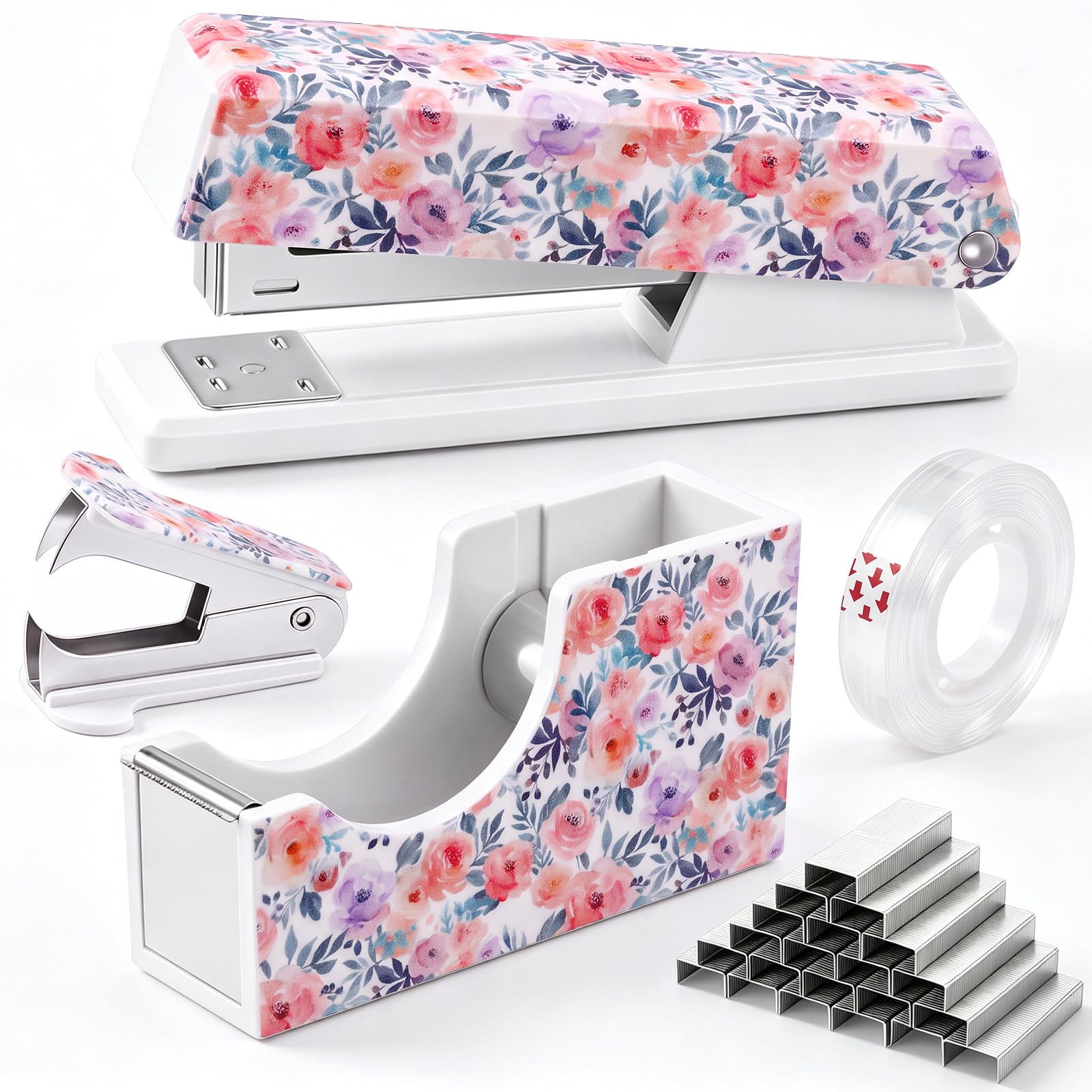 Eaasty Juego de grapadora floral y dispensador de cinta, bonito juego de suministros de oficina con 2 rollos de cinta, removedor de grapas y 1000 grapas 24/6, accesorios de escritorio para profesores