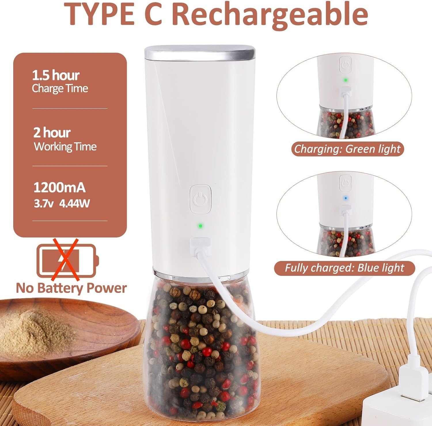 Electric Pepper Grinder Spice Mill Automatic Salt and Pepper Shaker Coffee Grinder with LED Light Set Adjustable Ceramic