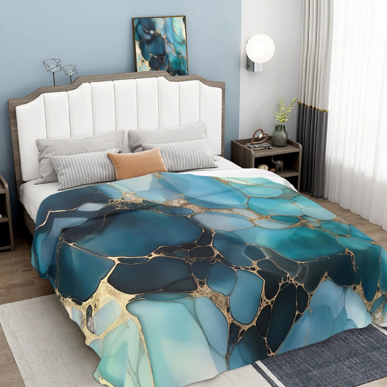 Sherpa Franela Reversible para Cama 90 135 150 200, Manta Polar Con para Sofá, forma líquida Mármol abstracto Borreguito Gruesa, Suave, Caliente,Transpirable para Invierno Azul verdoso,135×160CM