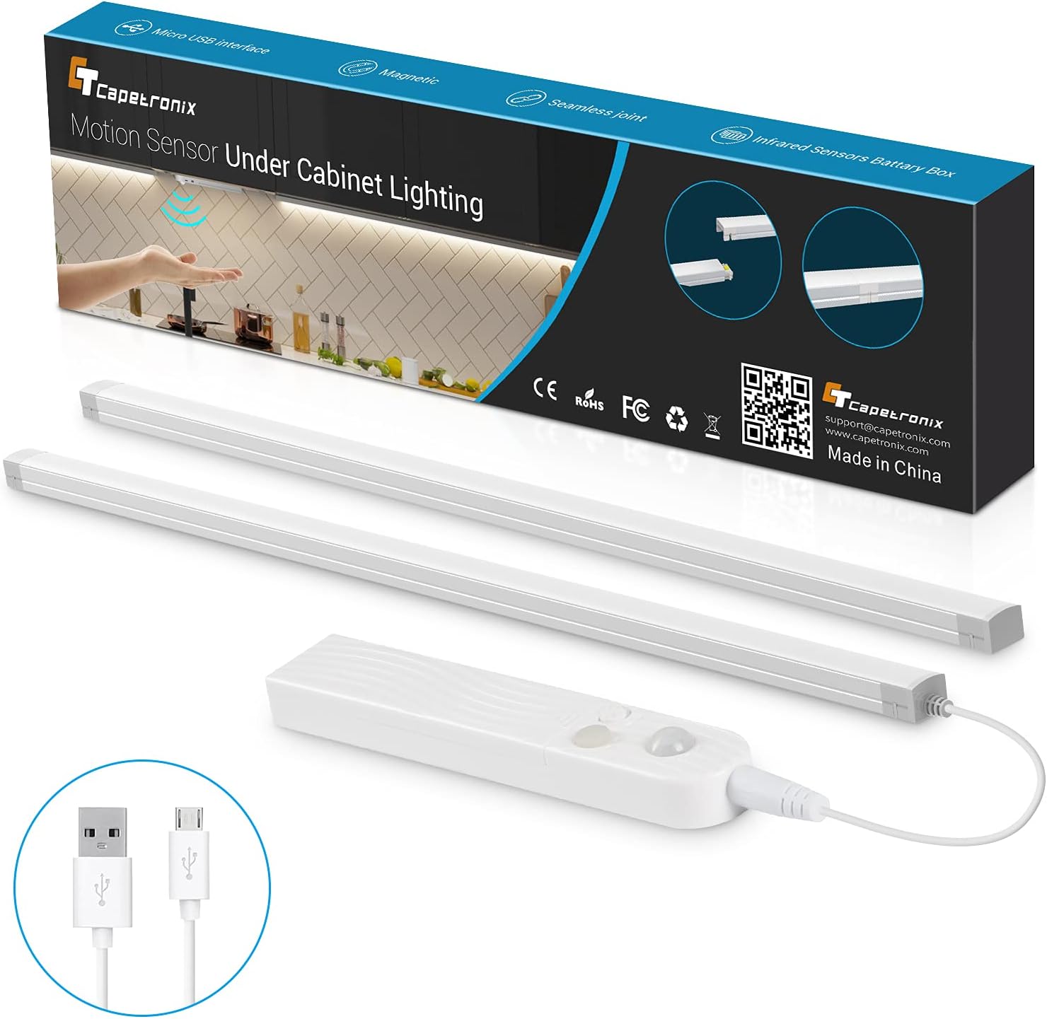 CT CAPETRONIXUnder Cabinet Lighting, 12in 50 LED Motion Sensor Light Indoor has Battery Operated and USB Power Supply Suitable for Corridors, Stairs, Cabinets, Kitchens, Wardrobes, Bedrooms(2 Pack)