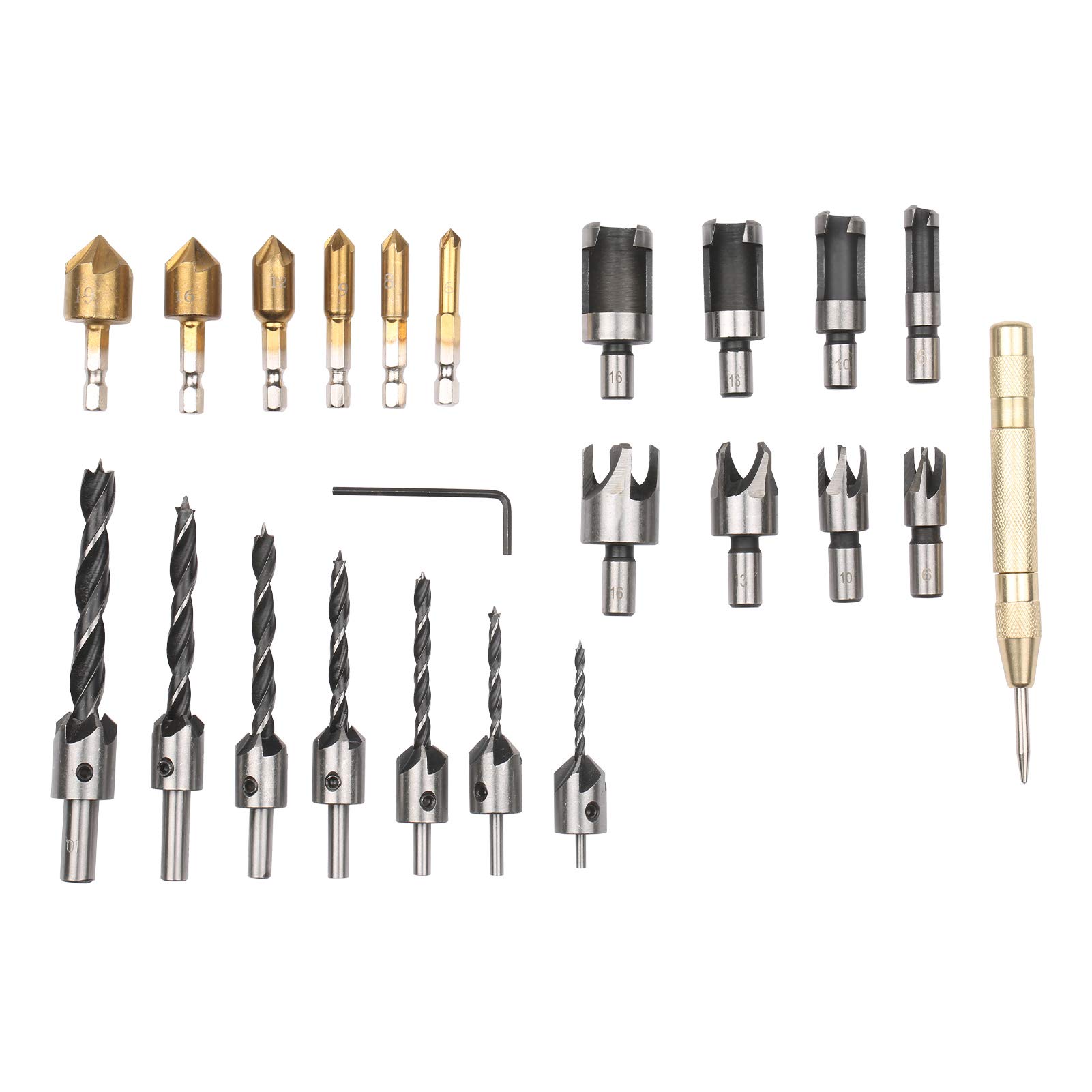 23-Pack Woodworking Chamfer Drilling Tool 8Pcs Wood Plug Cutter 6Pcs 1/4 Inch Hex 5 Flute 90 Degree Countersink Drill Bits 7Pcs Three Pointed Countersink Drill Bit With L And Automatic Center Punch