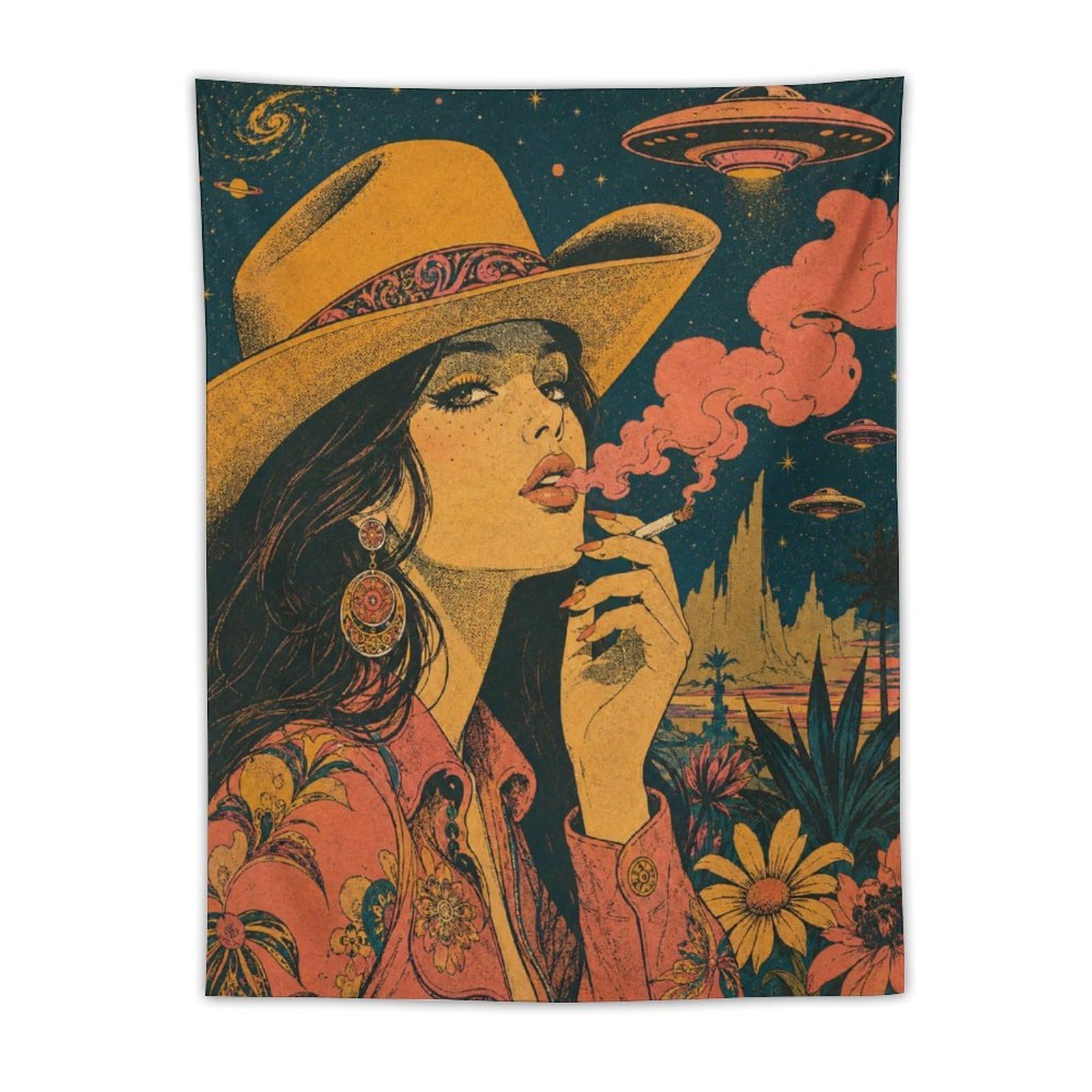 W7C8U2X3 Cowgirl with UFO Wall Tapestry, Vintage Poster Style, Living Room