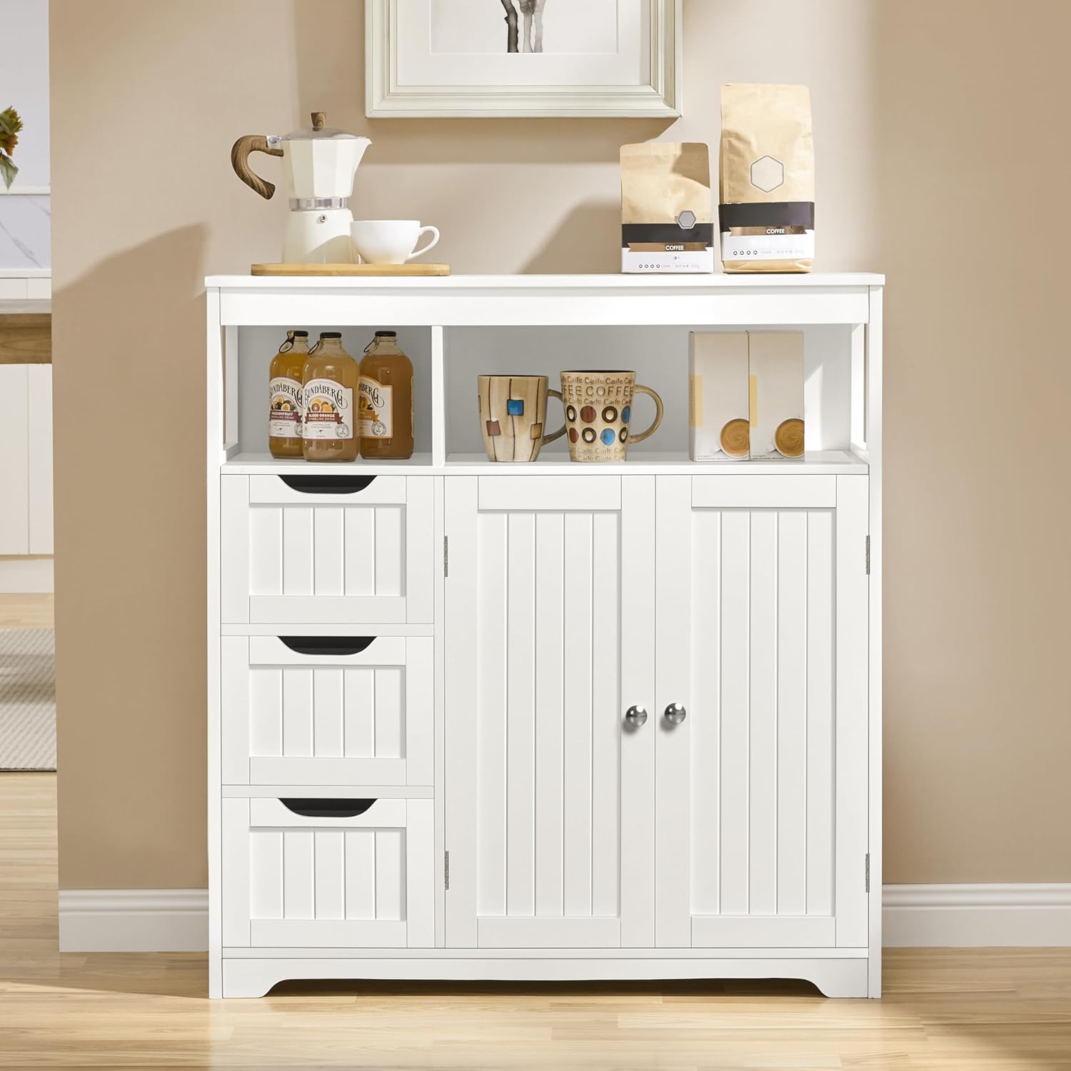 Yaheetech Bathroom Floor Cabinet, Wooden Storage Organizer with 3 Drawers and 2 Open Shelves, Freestanding Storage Cabinet with a Large Bottom Cabinet for Bathroom, Living Room, Kitchen, White