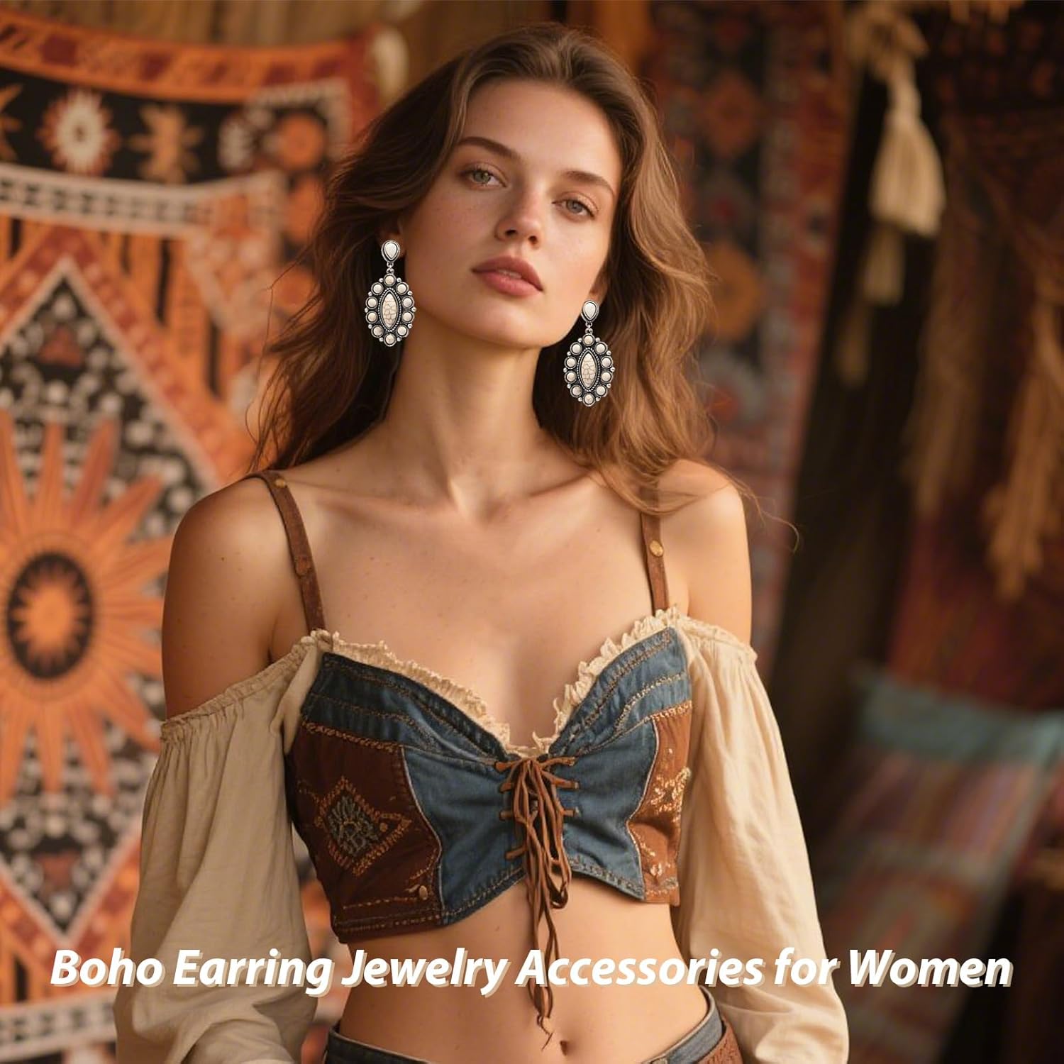 Western Earrings for Women White Turquoise Boho Statement Western Outfit Country Concert Jewelry - Image 3