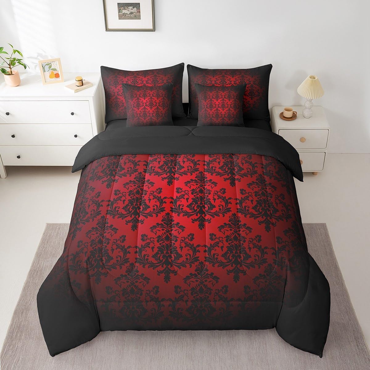 Castle Fairy Red Black Damask Reversible 7 Pieces Comforter Set King Size,Antique Victorian Baroque Boho Bed Sheet Set Vintage Gothic Lace Floral Print Bedding Set with Comforter,Fitted & Flat Sheet