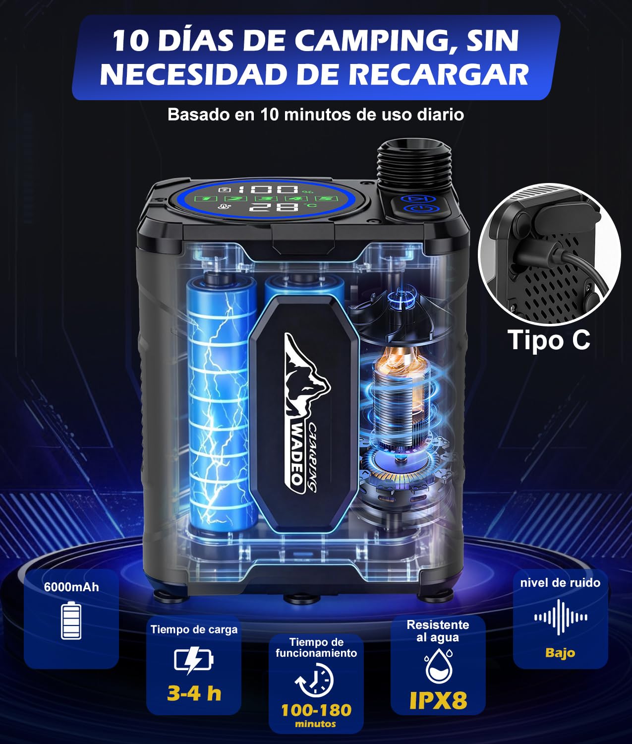 WADEO Ducha portátil de Camping con batería de 6000 mAh, Bomba y función de Calentamiento, depósito de Agua Plegable de 20 litros, indicador de Temperatura LED, para Acampada, Viajes y jardín | Uso en camping, Con bomba incluida