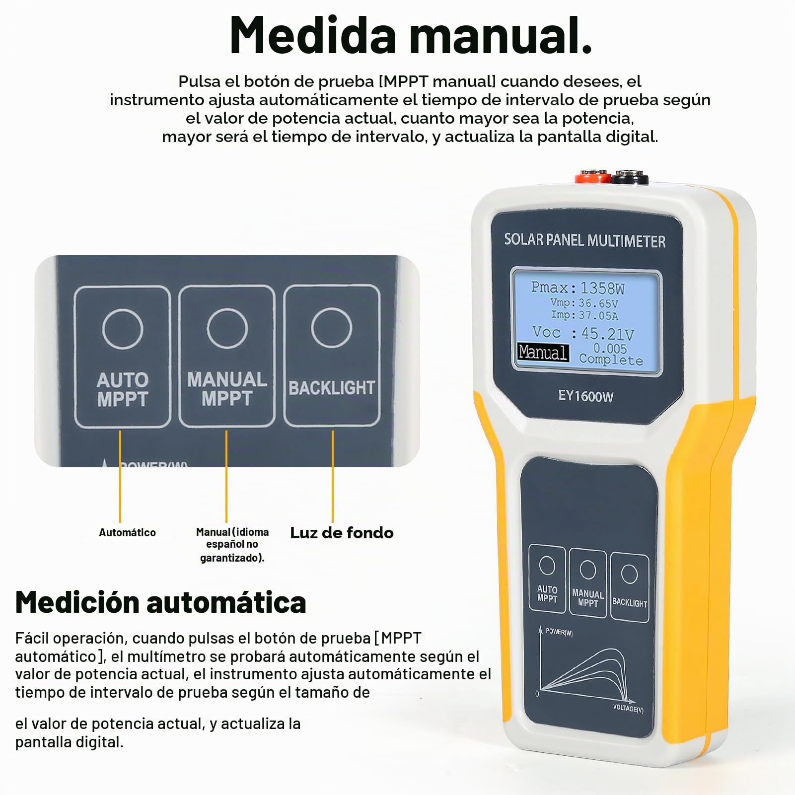 Jadeshay Multímetro Fotovoltaico Panel 5W-1600W DC12V-60V Multímetro de Panel Solar MPPT Probador de Medidor de Potencia Herramienta Detector de Voltaje de Circuito para Pruebas Solares