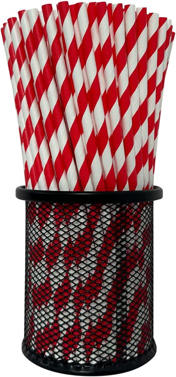 Red Stripes Paper Straws 100 Pack, Black And White Striped Paper Drinking Straws Biodegradable Disposable Paper Straw for Restaurants, Juices, Smoothies