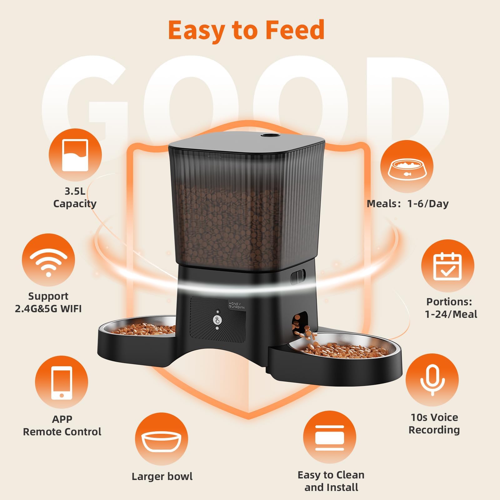 HoneyGuaridan Distributore Automatico Cibo Gatti con WiFi 2.4G/5G, 3,5L Dispenser Crocchette Gatto – Include 2 Ciotole in Acciaio Inossidabile & 2 Ciotole Slow Feeder Anti-Soffocamento