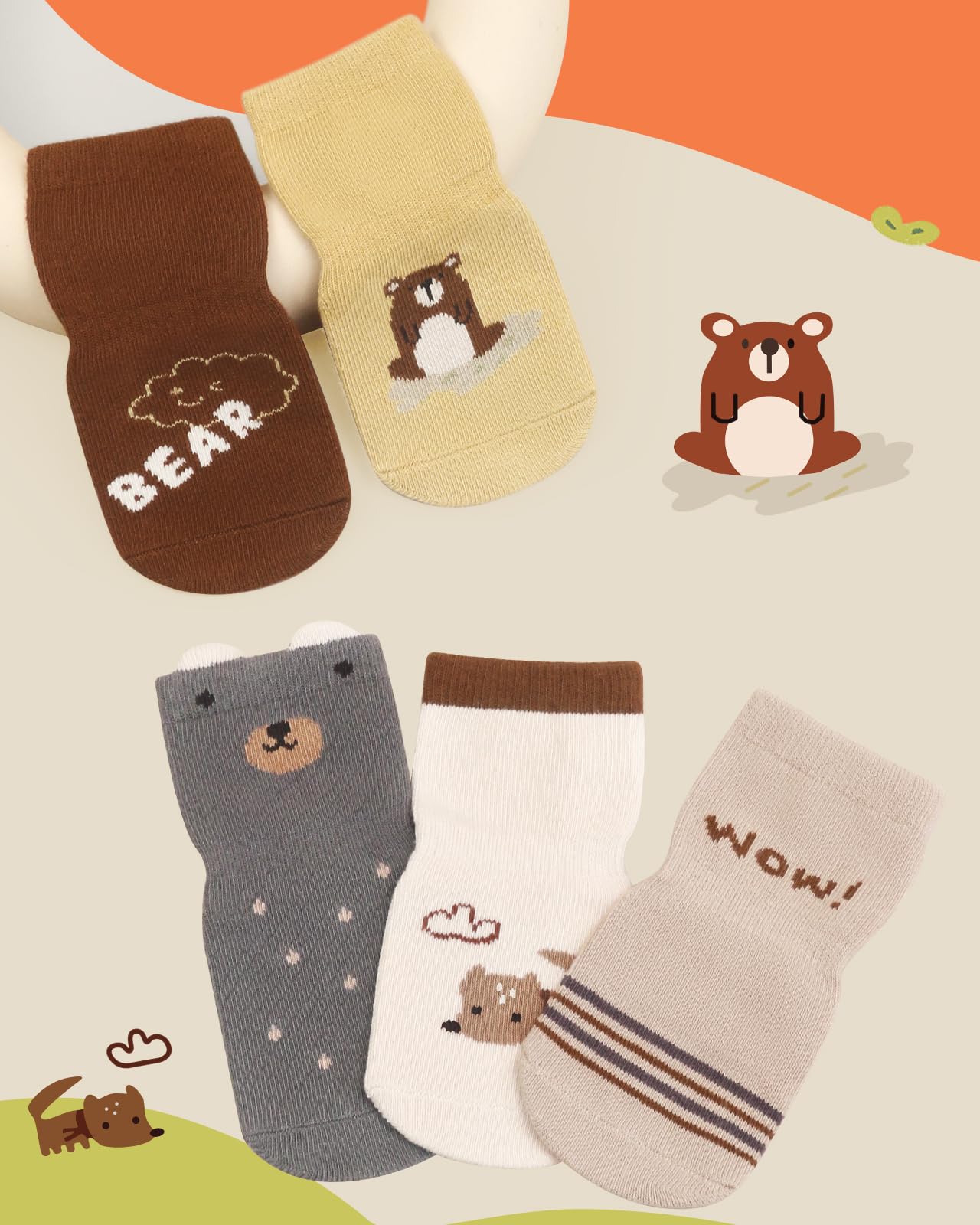 Kyopp 5/10 par skarpetek niemowlęcych ABS antypoślizgowe skarpety z motywami zwierzęcymi stoperami bawełna Crew Socks