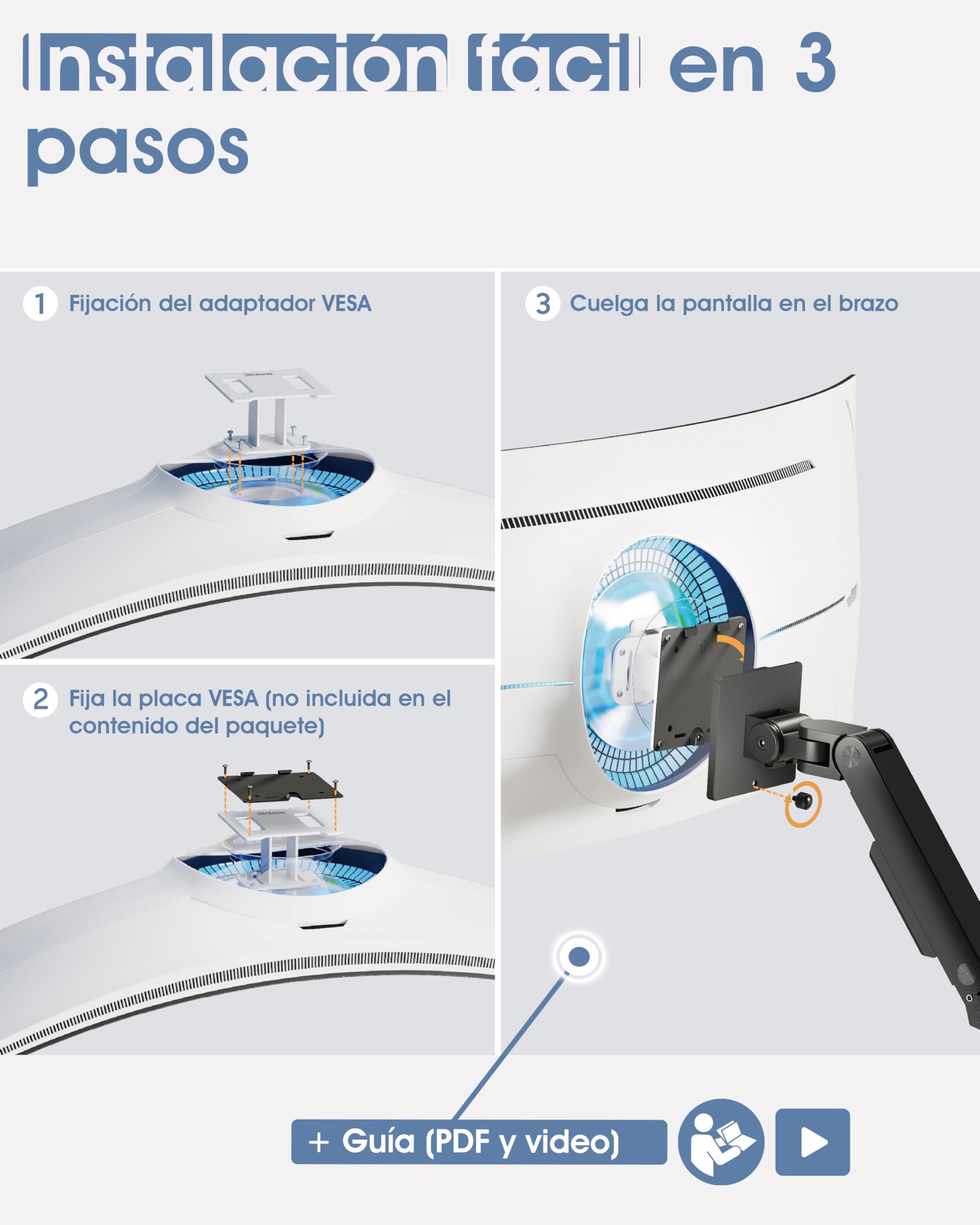 3IDEE Adaptador VESA Compatible con Monitor Samsung Odyssey G9, Neo G9, G8, Neo G8 y más - para Monitor Curvo de 49/57 Pulgadas - Capacidad de Carga Extrema de hasta 30 kg - VESA 100x100 - Blanco