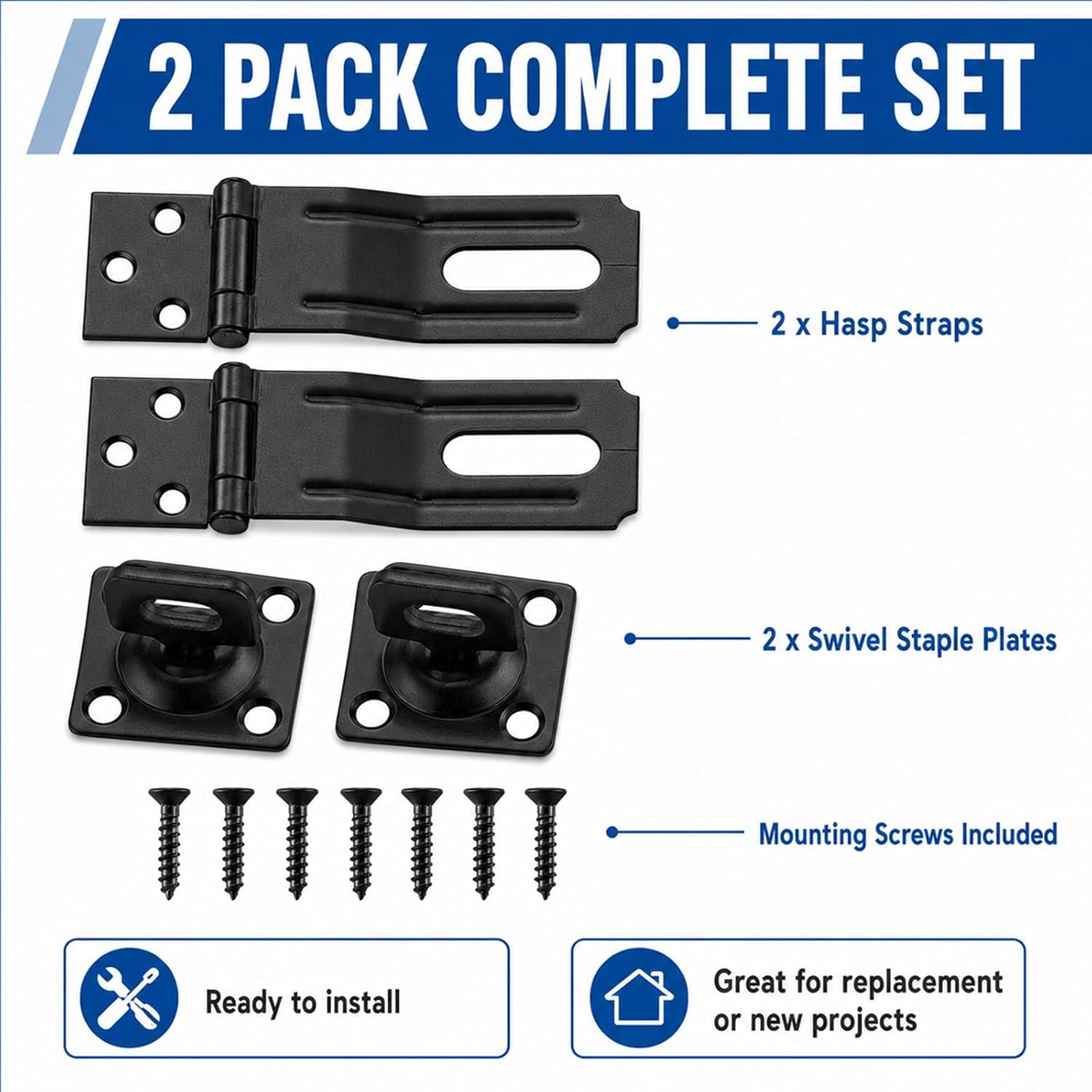 3-1/2" Swivel Staple Safety Hasp 2 Pack, Compact Black Steel Door Latch Bracket, Padlock Clasps for Cabinet, Small Wooden Box, Locker and Double Doors, Includes Screws