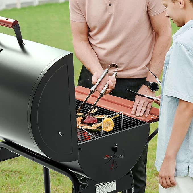 Royal Gourmet CC1830V 30 Barrel Charcoal Grill with Wood-Painted Side Front Table