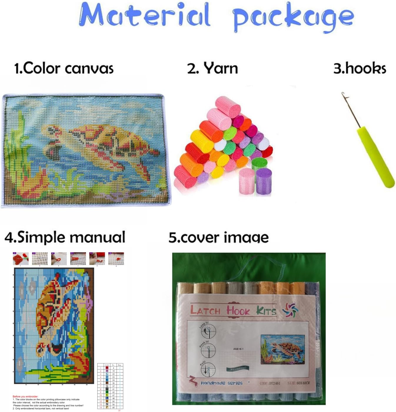 Turtle Sea Latch Hook Rug Kit for Adults DIY Carpet Cushion with Printed Canvas Crochet Yarn Craft Hook and Latch Tapestry for Floor Decoration Pets Warm Pads 40x60cm