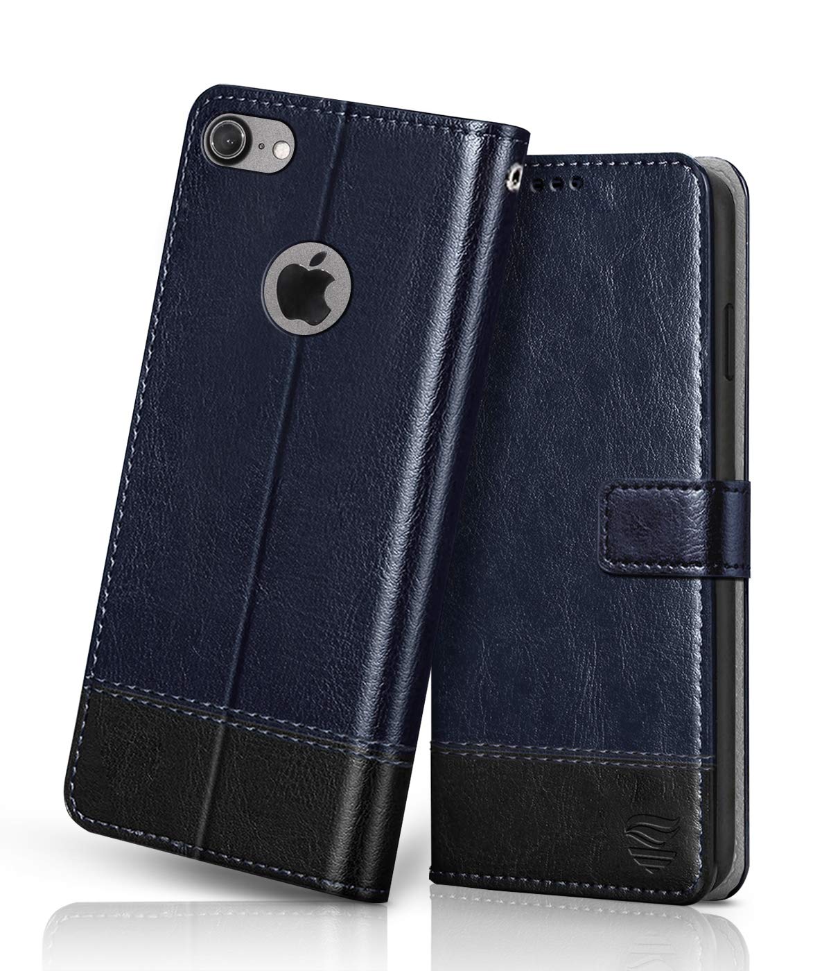 FLIPPED Vegan Leather Flip Back Cover for Apple iPhone 7 |8 (Shock Proof|Hand Stitched Leather Finish|Card Pockets Wallet & Stand|Blue with Black)