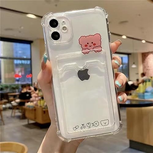Miniatura 8 de Funda compatible con iPhone 13 Mini, bonita funda de dibujos animados kawaii con diseño de oso de conejito transparente para tarjetas de crédito,