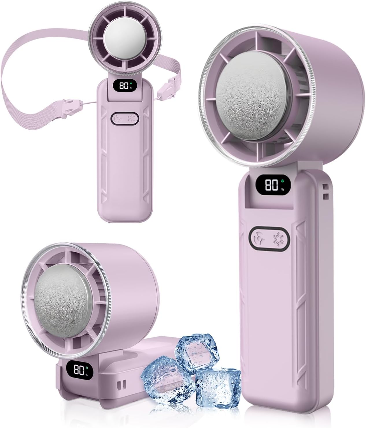 DAORANGE Portable Handheld Turbo Fan, Foldable Mini Fan with Ice Cooler, 5 Speed Wind, 12 Hrs Cooling, 3600mAh Rechargeable, Digital Display, Personal Fans for Travel/Outdoor/Camping, Lavender
