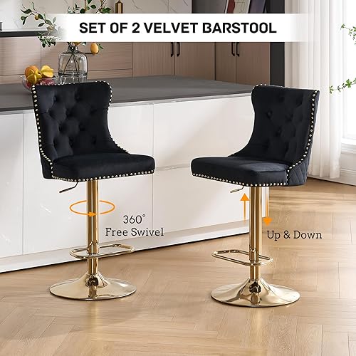 Miniatura 74 de Juego de 4 taburetes de bar giratorios ajustables de terciopelo con respaldo copetudo, ribete de cabezas de clavos y anillo de tracción, sillas de