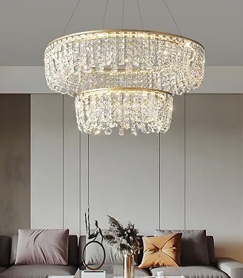 23.6 Inch Modern Gold Crystal Chandeliers with LED Light, Adjustable Pendant 2-Tier Crystal Light Fixture for Dining Room,Living Room Kitchen Island Bedrooms