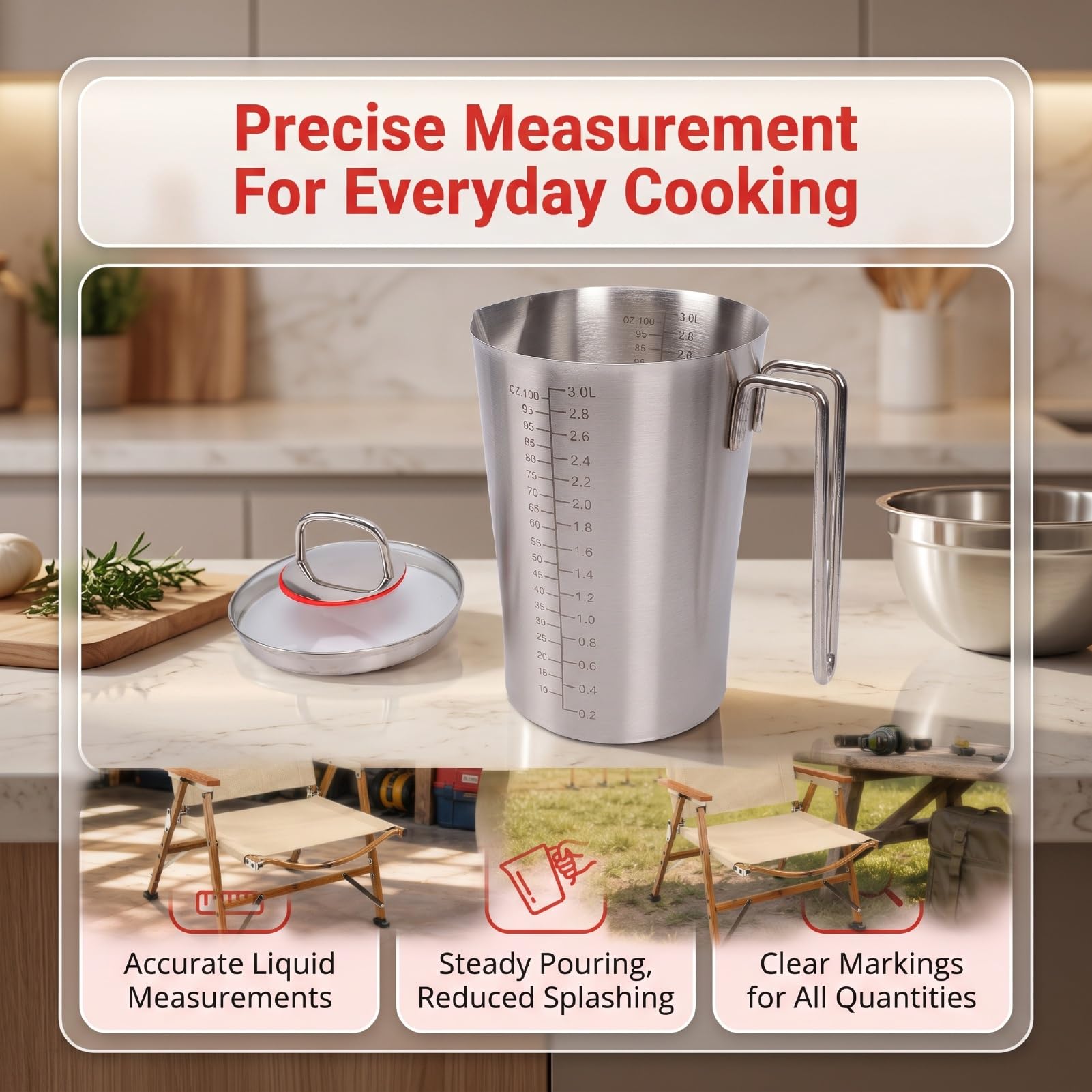 Zerodis Vaso Medidor de Acero Inoxidable de 3000 Ml con Asa para Medir